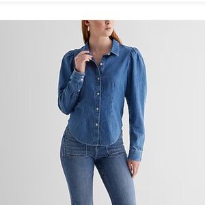 Express Denim Button-Up Blouse in Dark Blue